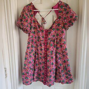 Betsey Johnson Pink Floral Puff Sleeve V Neck Mini Fit + Flare Dress Medium